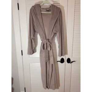 Barefoot Dreams LuxeChic Hooded Robe Size 2 Taupe Plush Belted Long Lounge Bath